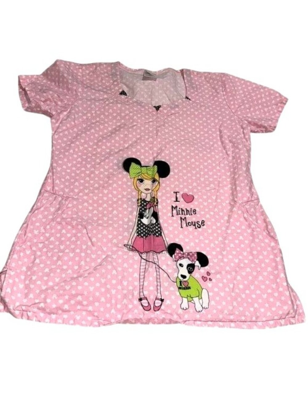 Disney Minnie Mouse Pink Heart Print XS T-Shirt 100% Cotton Made In Vietnam